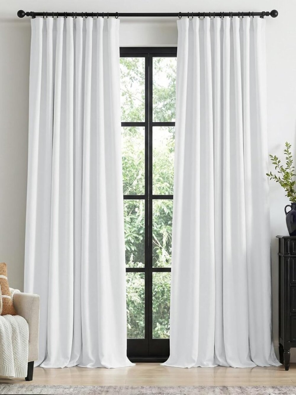 Bright White Full Blackout Curtains 50x102 with Gold Ring Clips Set of 2